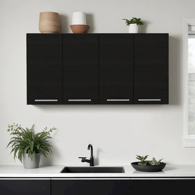 HomeRoots 47 Black Wood Wall Mounted Accent Cabinet With Four Doors