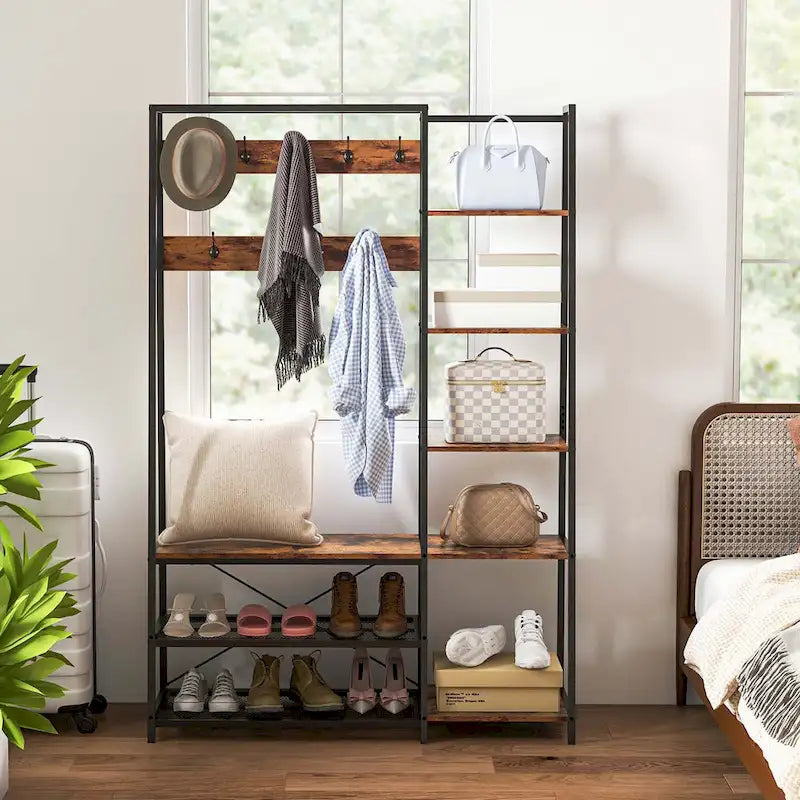 5-in-1 Entryway Hall Tree with Coat Rack and Shoe Bench