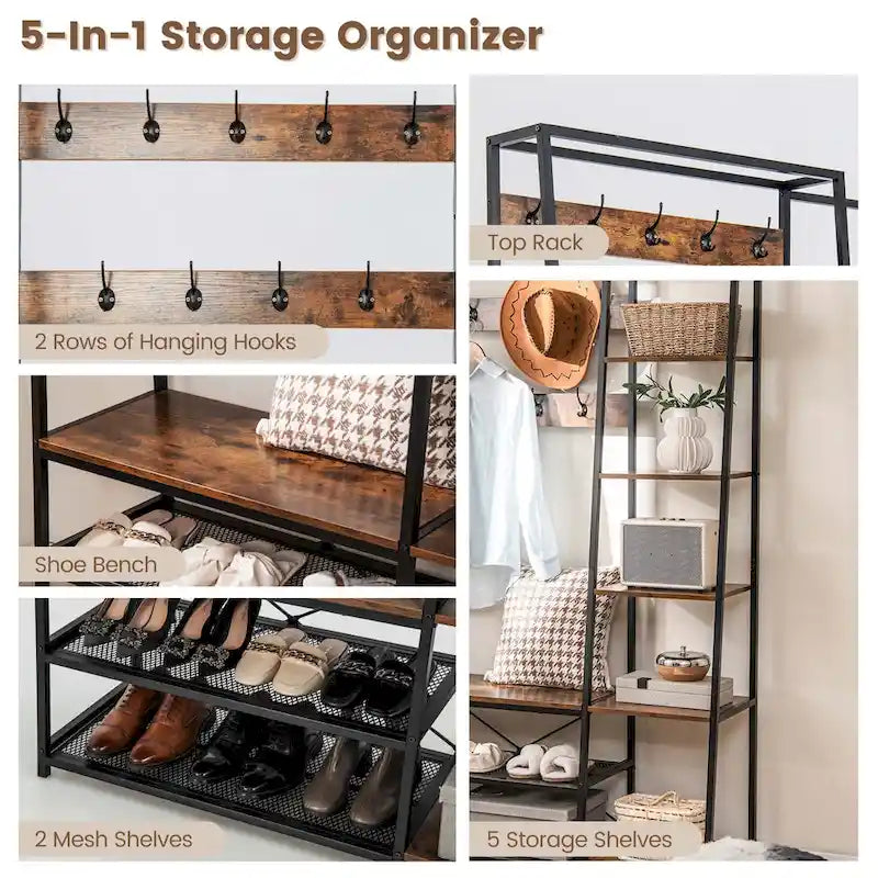 5-in-1 Entryway Hall Tree with Coat Rack and Shoe Bench