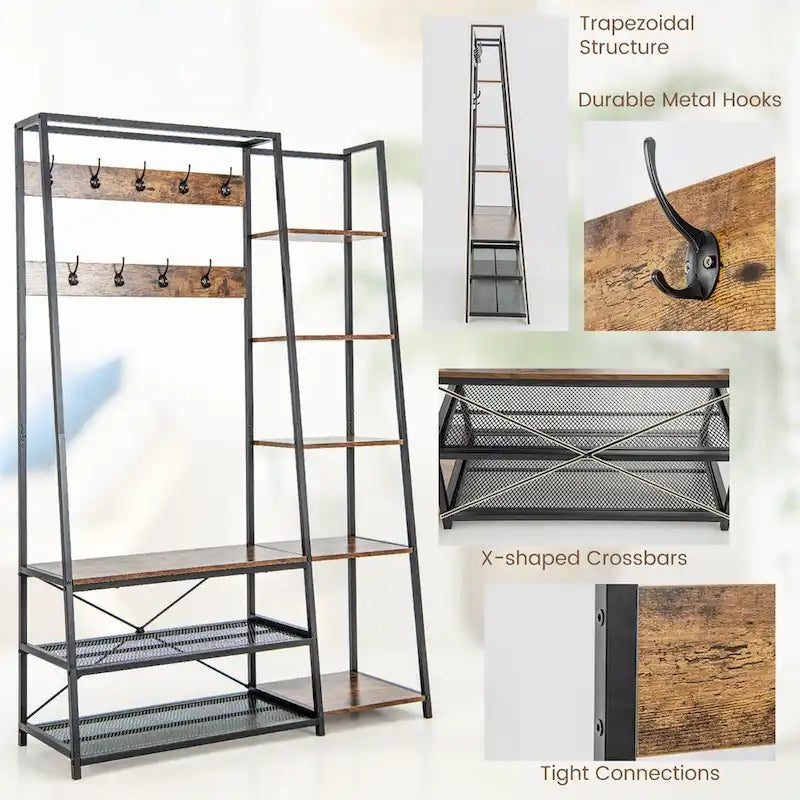 5-in-1 Entryway Hall Tree with Coat Rack and Shoe Bench