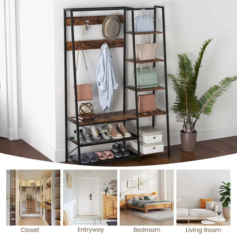 5-in-1 Entryway Hall Tree with Coat Rack and Shoe Bench
