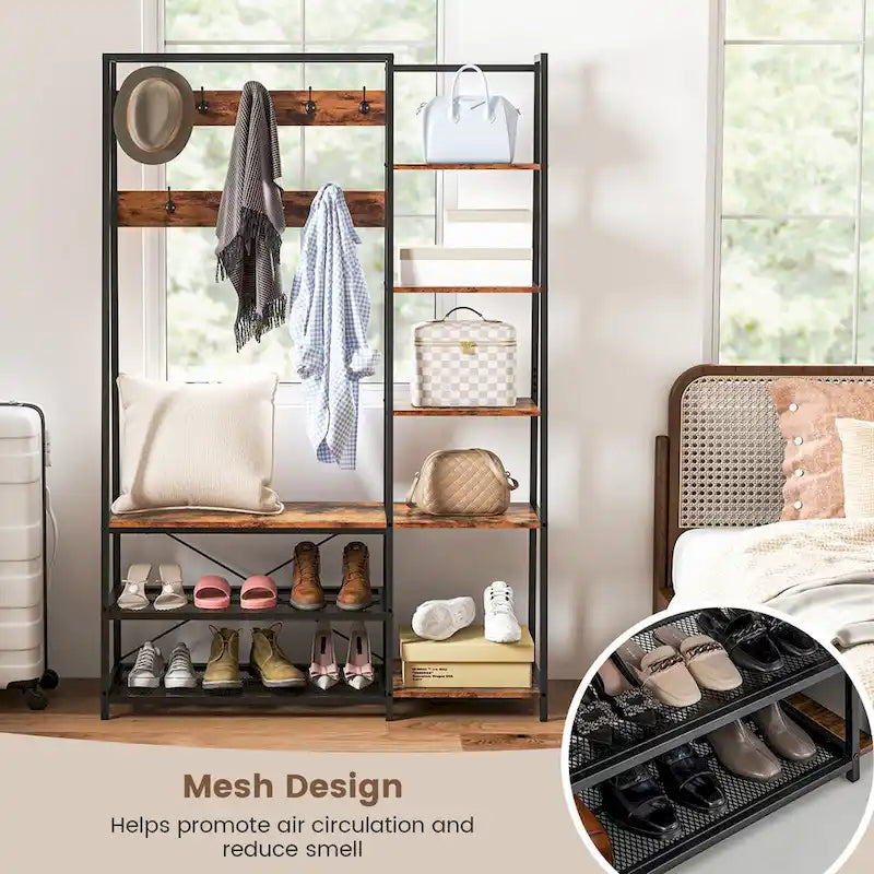 5-in-1 Entryway Hall Tree with Coat Rack and Shoe Bench