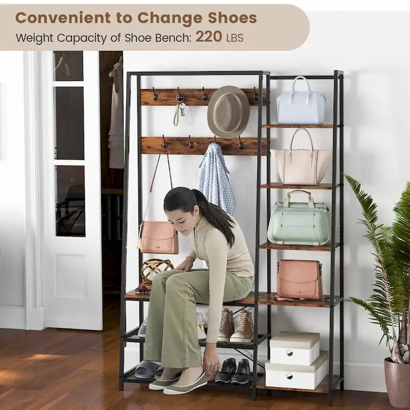 5-in-1 Entryway Hall Tree with Coat Rack and Shoe Bench