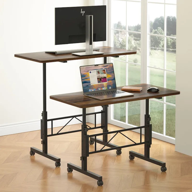 Adjustable Mobile Standing Desk with Wheels and Tilting Keyboard Tray