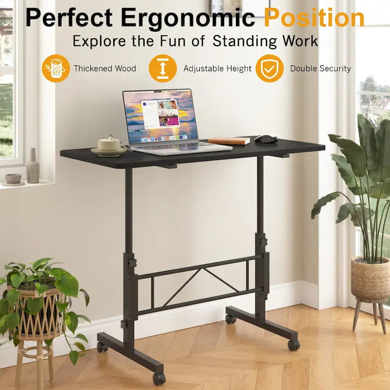 Adjustable Mobile Standing Desk with Wheels and Tilting Keyboard Tray