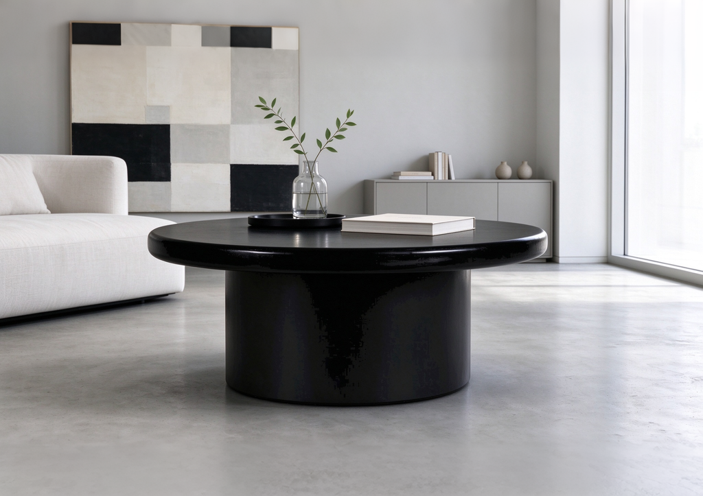 Black Solid Mango Wood Round Coffee Table with Sculptural Base