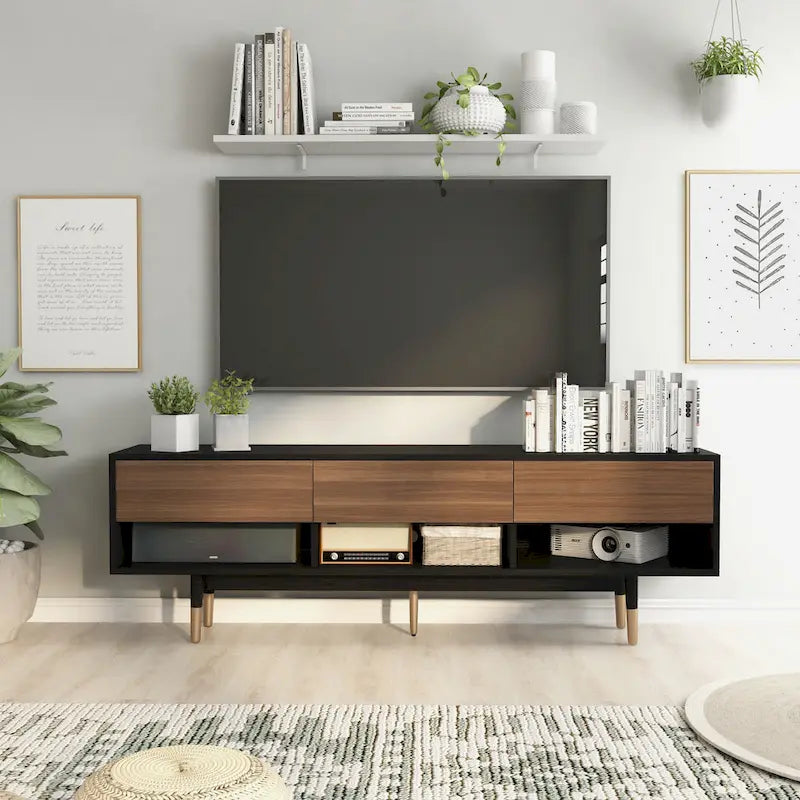 Mid-century modern fekete és dió színű, 71 hüvelykes TV-szekrény fiókokkal