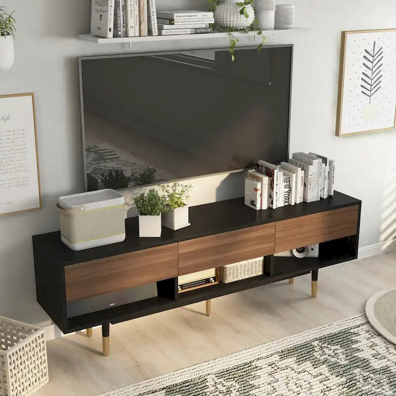 Mid-century modern fekete és dió színű, 71 hüvelykes TV-szekrény fiókokkal