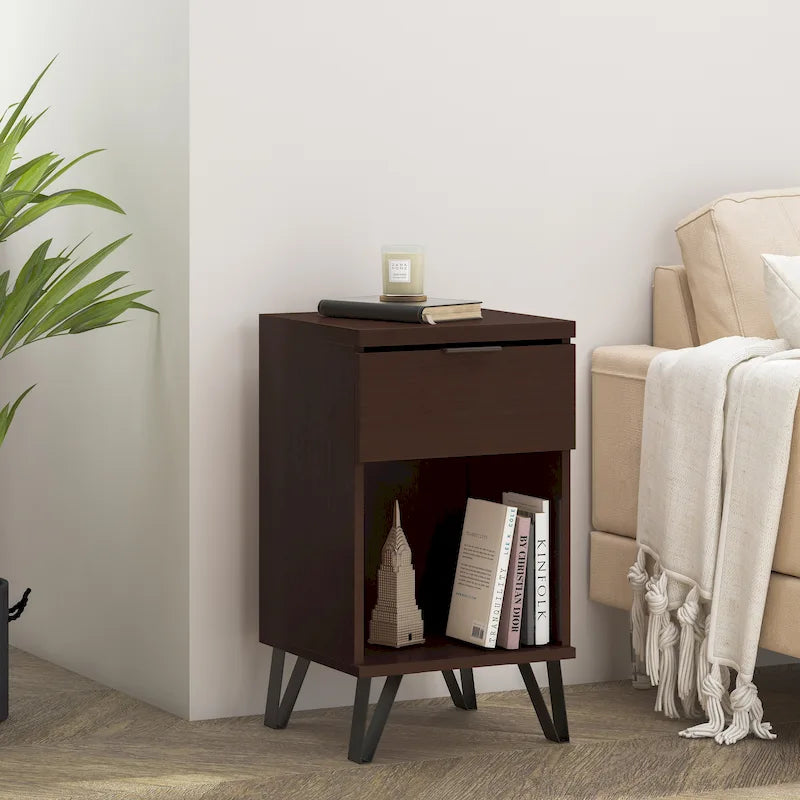 Tall Walnut Nightstand with Drawer and Shelf