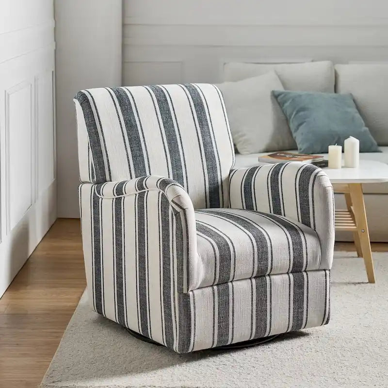Traditional Striped Swivel Armchair with Padded Seat and Metal Legs