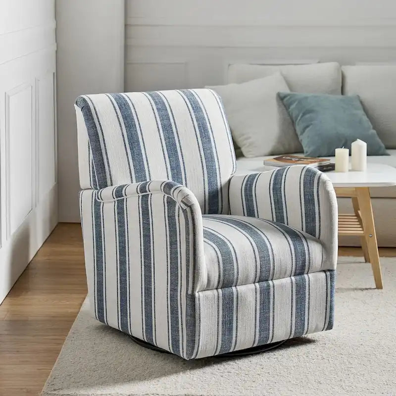 Traditional Striped Swivel Armchair with Padded Seat and Metal Legs