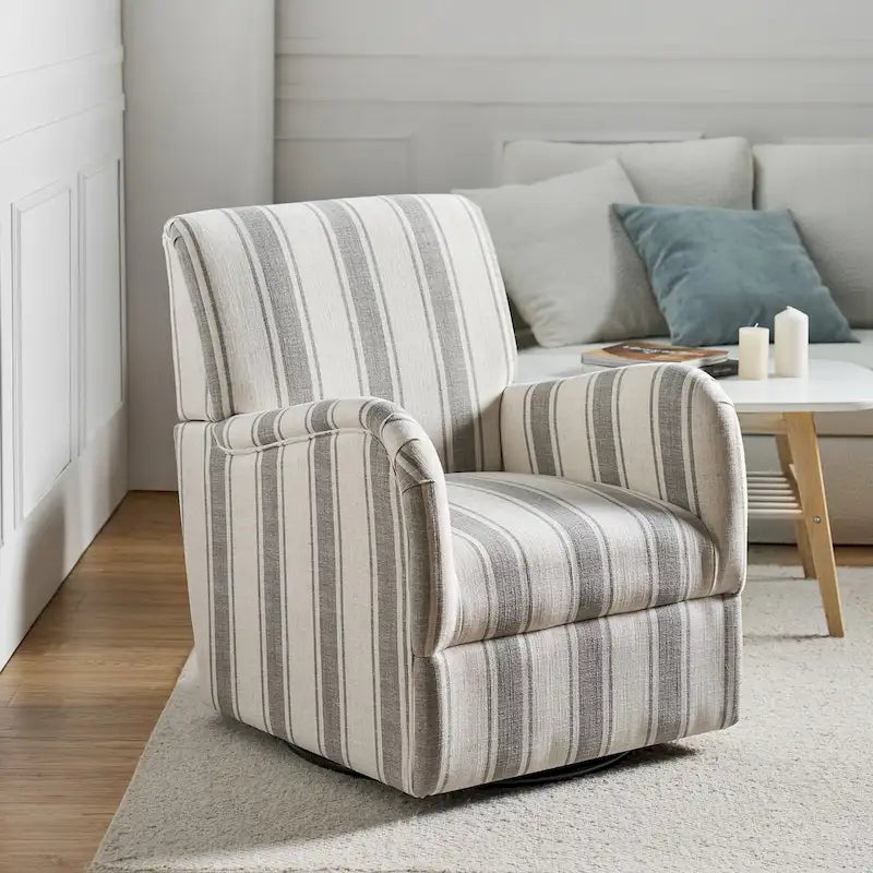 Traditional Striped Swivel Armchair with Padded Seat and Metal Legs