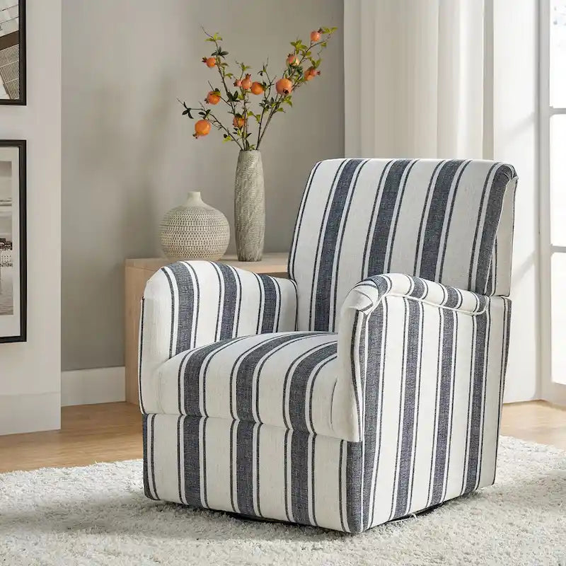 Traditional Striped Swivel Armchair with Padded Seat and Metal Legs