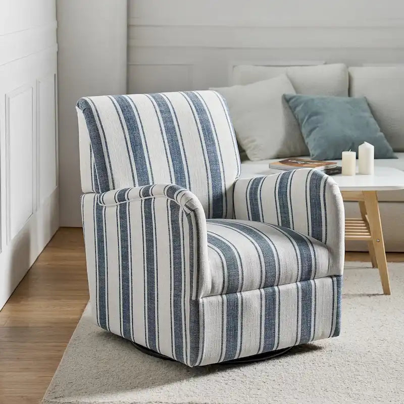 Traditional Striped Swivel Armchair with Padded Seat and Metal Legs