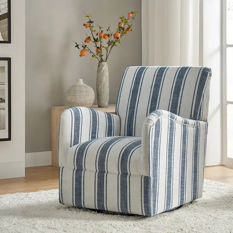 Traditional Striped Swivel Armchair with Padded Seat and Metal Legs