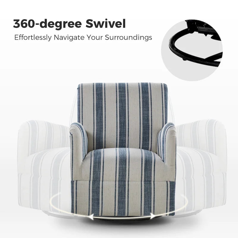 Traditional Striped Swivel Armchair with Padded Seat and Metal Legs