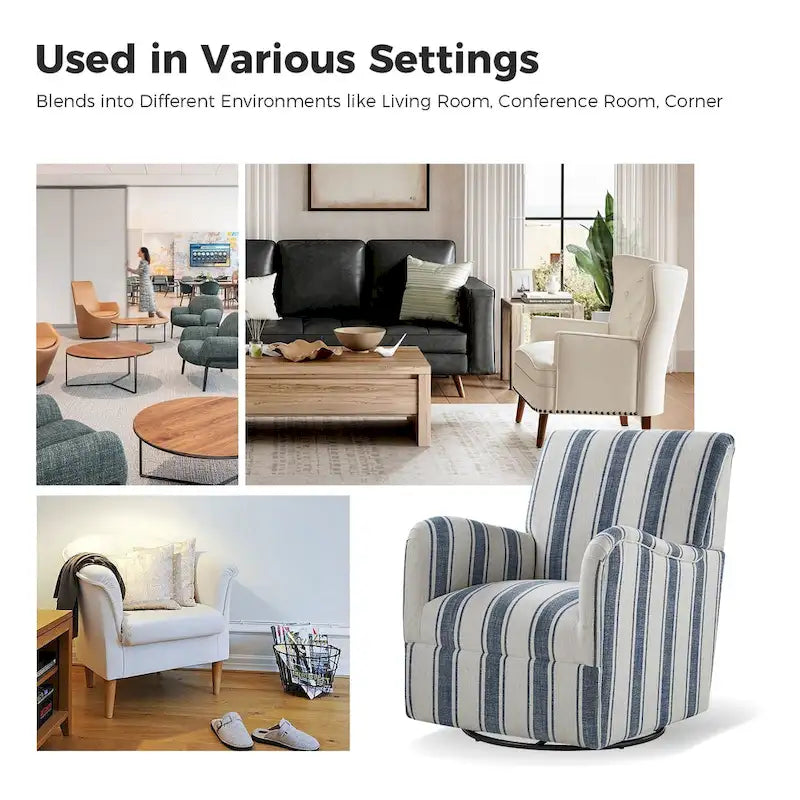 Traditional Striped Swivel Armchair with Padded Seat and Metal Legs