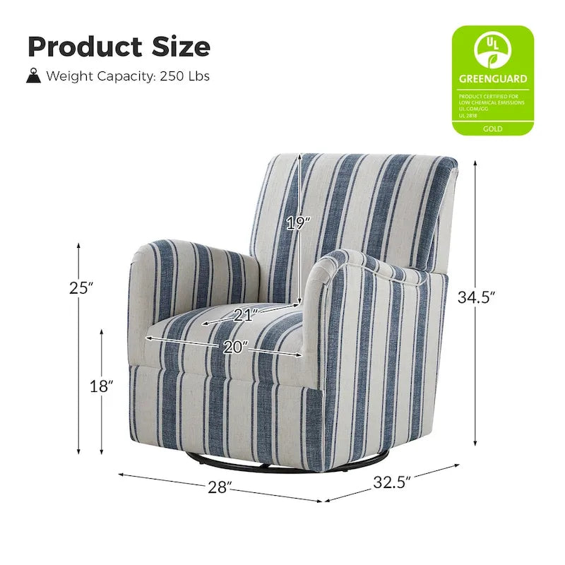 Traditional Striped Swivel Armchair with Padded Seat and Metal Legs