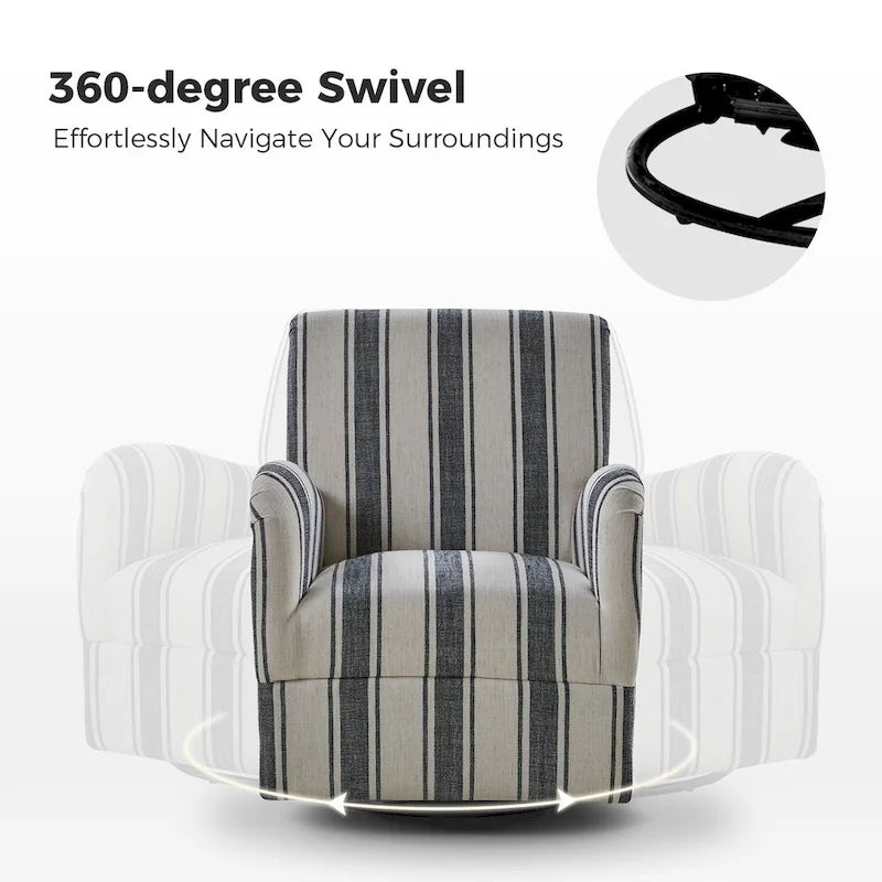 Traditional Striped Swivel Armchair with Padded Seat and Metal Legs