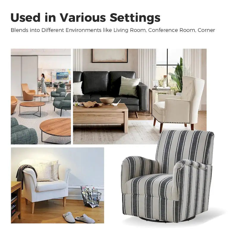 Traditional Striped Swivel Armchair with Padded Seat and Metal Legs