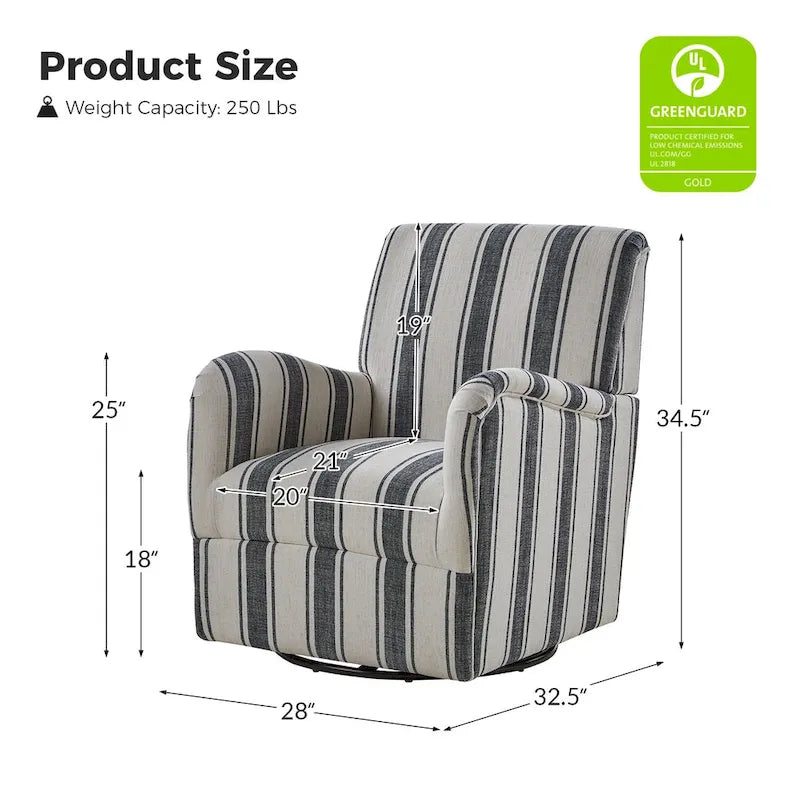 Traditional Striped Swivel Armchair with Padded Seat and Metal Legs