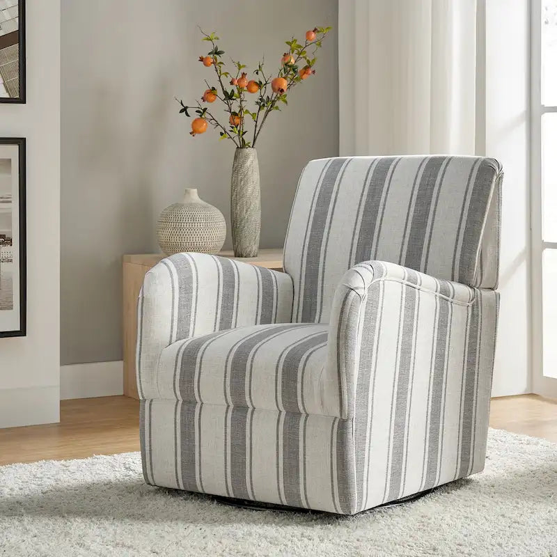 Traditional Striped Swivel Armchair with Padded Seat and Metal Legs