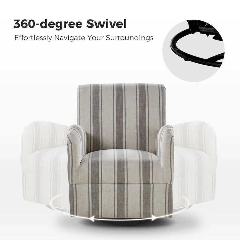 Traditional Striped Swivel Armchair with Padded Seat and Metal Legs