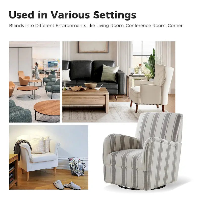 Traditional Striped Swivel Armchair with Padded Seat and Metal Legs