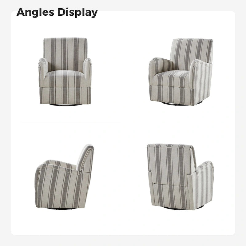 Traditional Striped Swivel Armchair with Padded Seat and Metal Legs