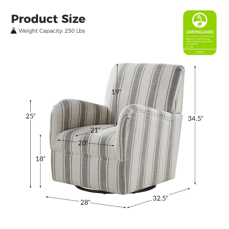 Traditional Striped Swivel Armchair with Padded Seat and Metal Legs