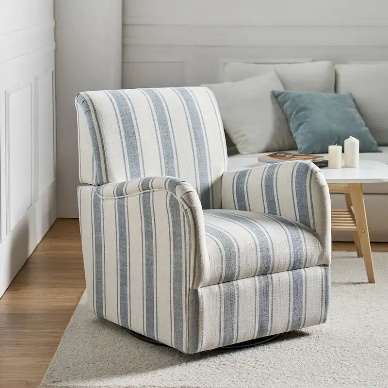 Traditional Striped Swivel Armchair with Padded Seat and Metal Legs