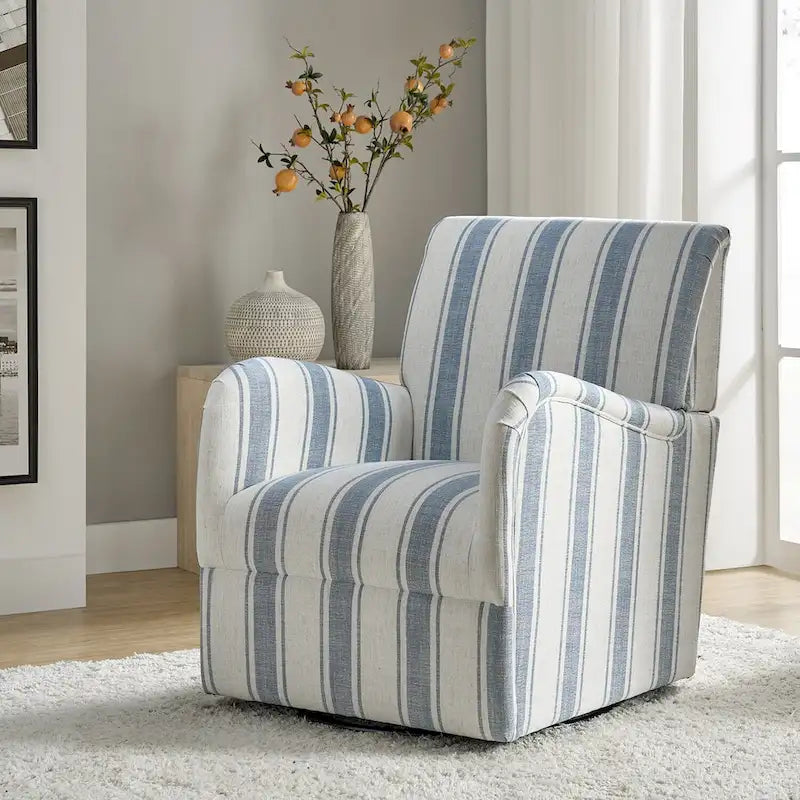 Traditional Striped Swivel Armchair with Padded Seat and Metal Legs