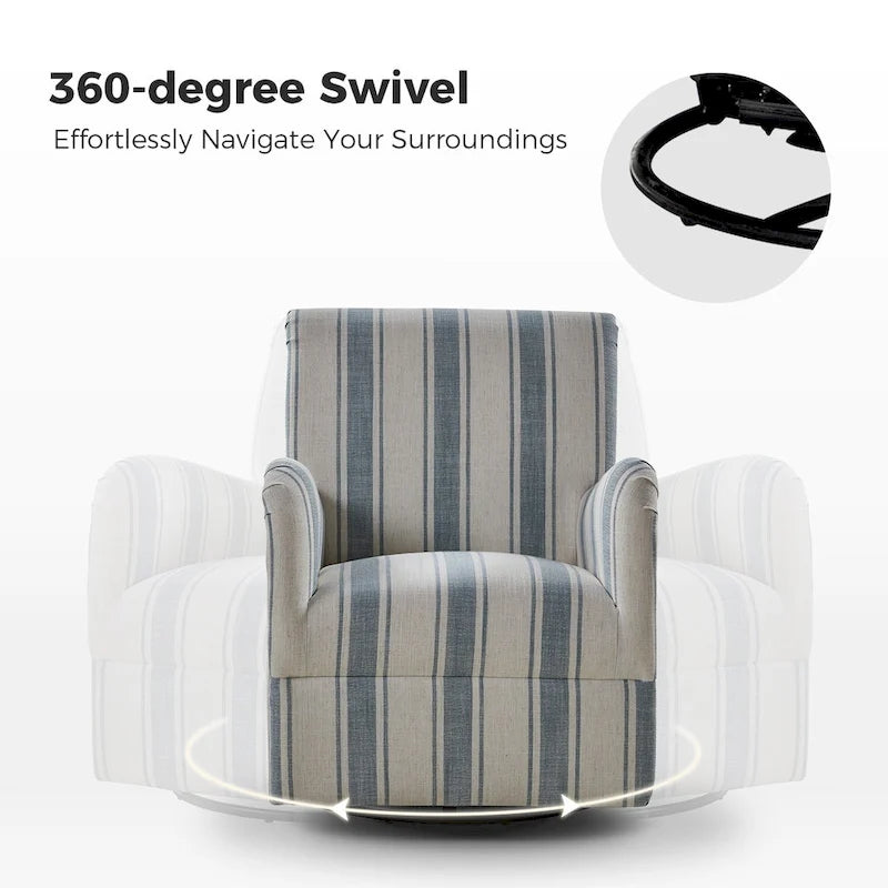 Traditional Striped Swivel Armchair with Padded Seat and Metal Legs