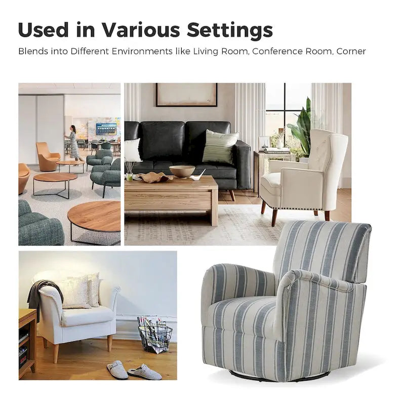 Traditional Striped Swivel Armchair with Padded Seat and Metal Legs