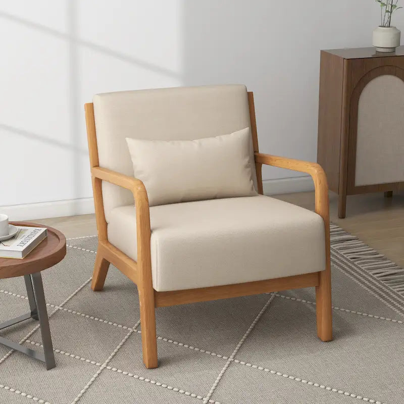 Tapicerowany fotel akcentowy w stylu mid-century modern z drewnianą ramą