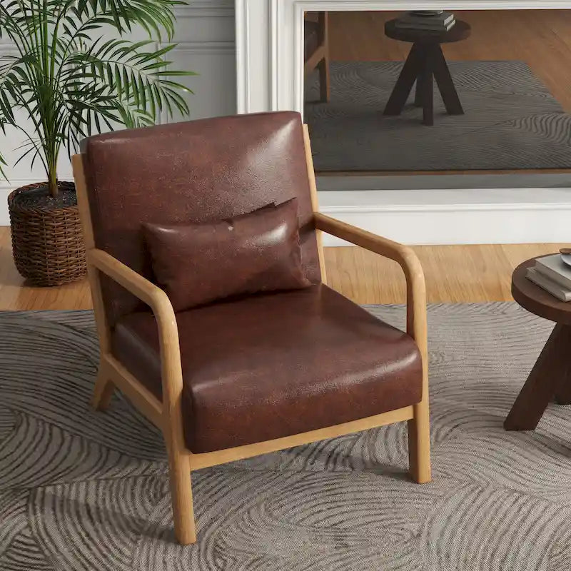 Tapicerowany fotel akcentowy w stylu mid-century modern z drewnianą ramą