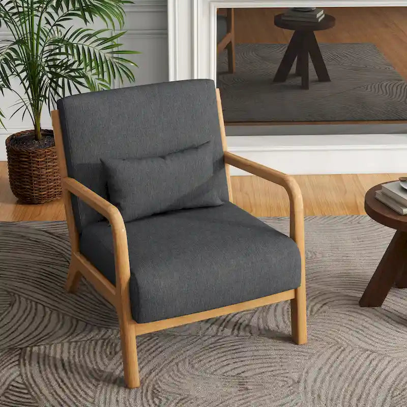 Tapicerowany fotel akcentowy w stylu mid-century modern z drewnianą ramą