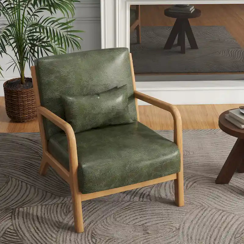 Tapicerowany fotel akcentowy w stylu mid-century modern z drewnianą ramą