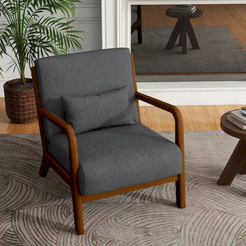 Tapicerowany fotel akcentowy w stylu mid-century modern z drewnianą ramą