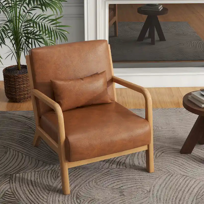 Tapicerowany fotel akcentowy w stylu mid-century modern z drewnianą ramą