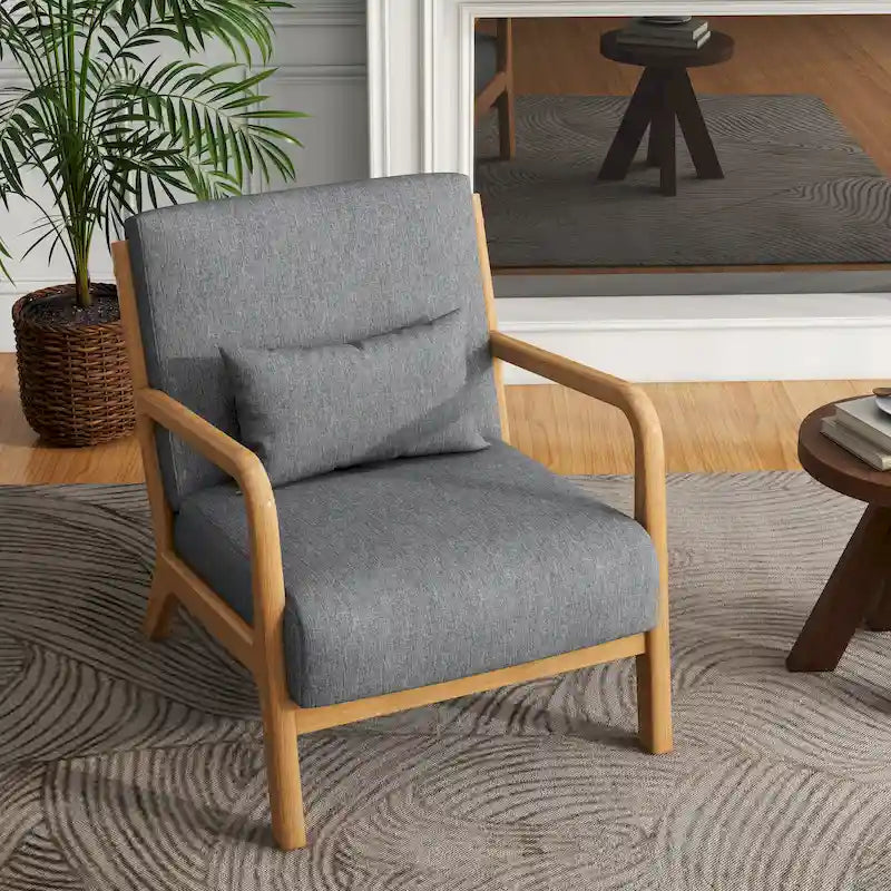 Tapicerowany fotel akcentowy w stylu mid-century modern z drewnianą ramą