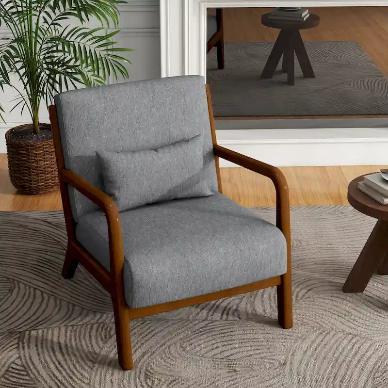 Tapicerowany fotel akcentowy w stylu mid-century modern z drewnianą ramą