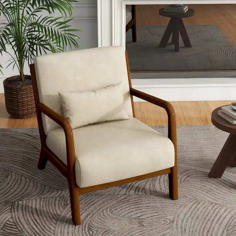 Tapicerowany fotel akcentowy w stylu mid-century modern z drewnianą ramą