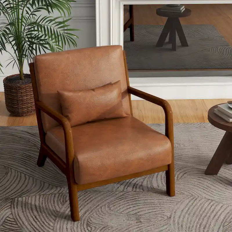 Tapicerowany fotel akcentowy w stylu mid-century modern z drewnianą ramą