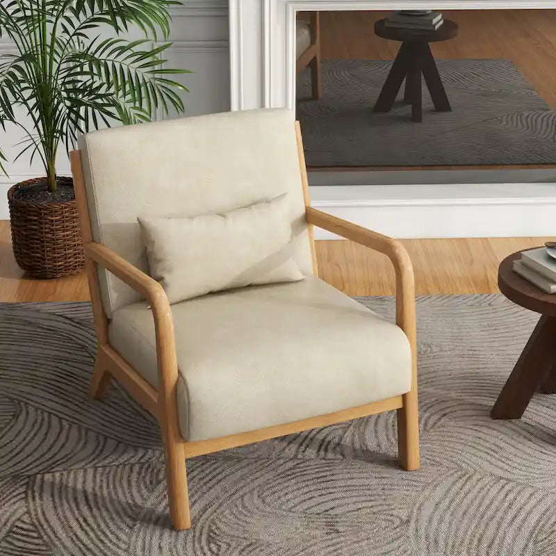 Tapicerowany fotel akcentowy w stylu mid-century modern z drewnianą ramą