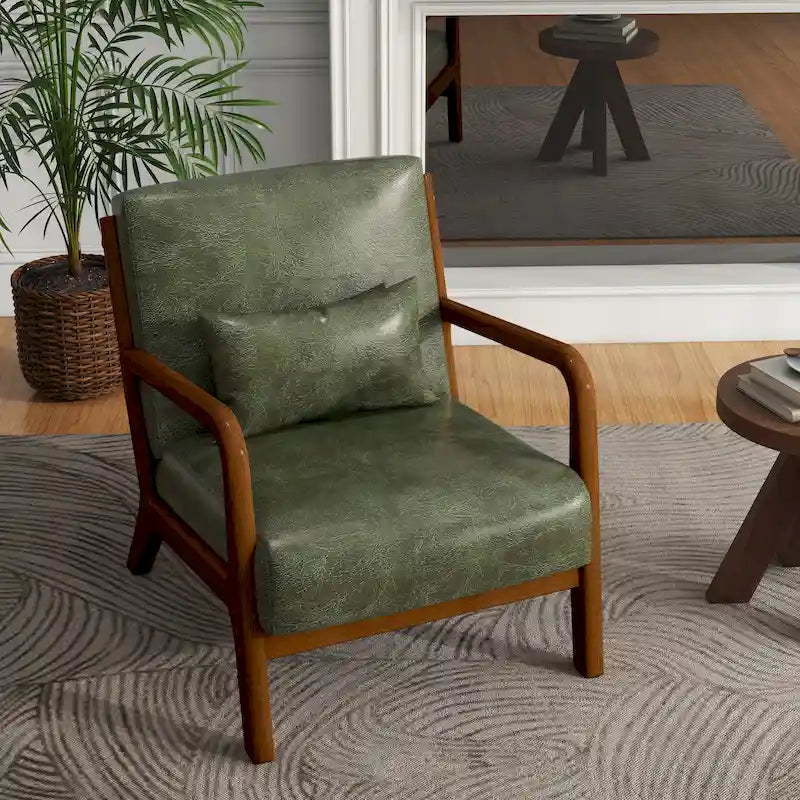Tapicerowany fotel akcentowy w stylu mid-century modern z drewnianą ramą