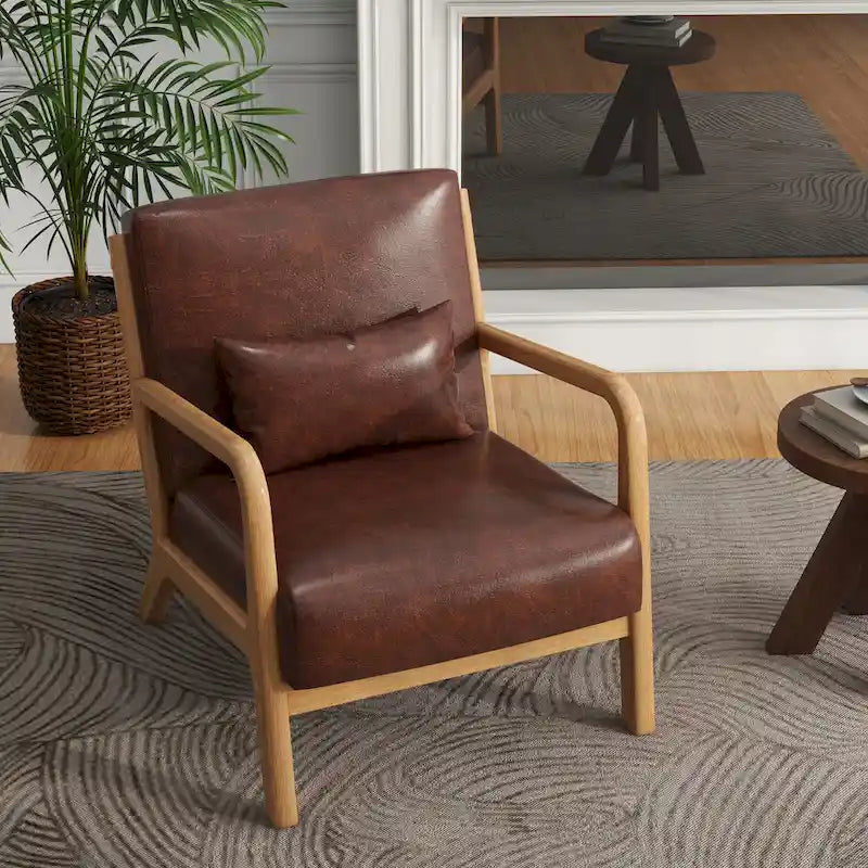 Tapicerowany fotel akcentowy w stylu mid-century modern z drewnianą ramą