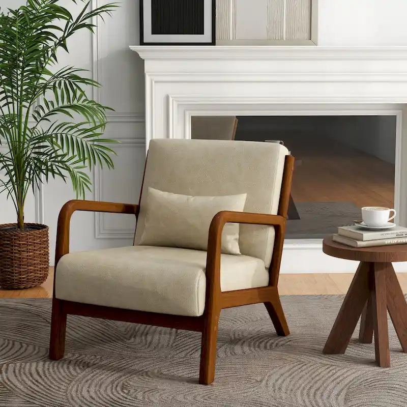 Tapicerowany fotel akcentowy w stylu mid-century modern z drewnianą ramą