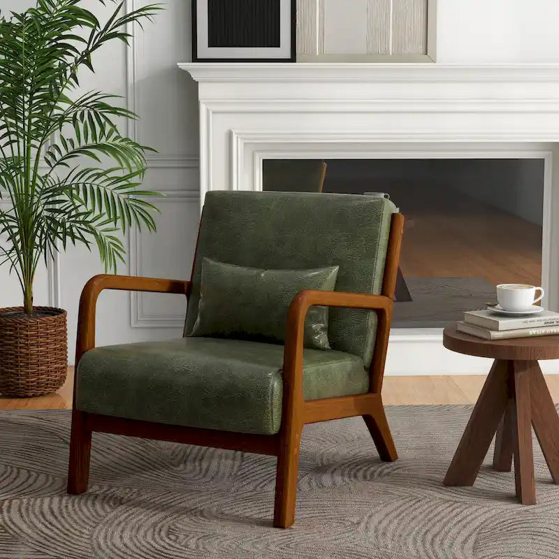 Tapicerowany fotel akcentowy w stylu mid-century modern z drewnianą ramą