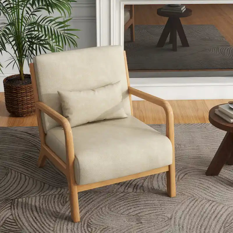 Tapicerowany fotel akcentowy w stylu mid-century modern z drewnianą ramą